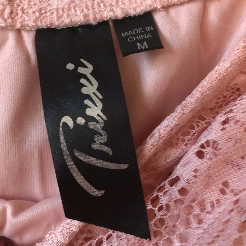 Strapless lace dress, pink w brown braided belt, knee length, size medium - Picture 4 of 4